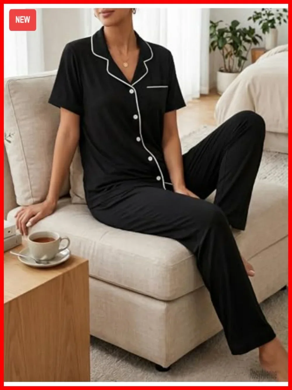2 Piece Short Sleeve Pajama Set with Long Pants